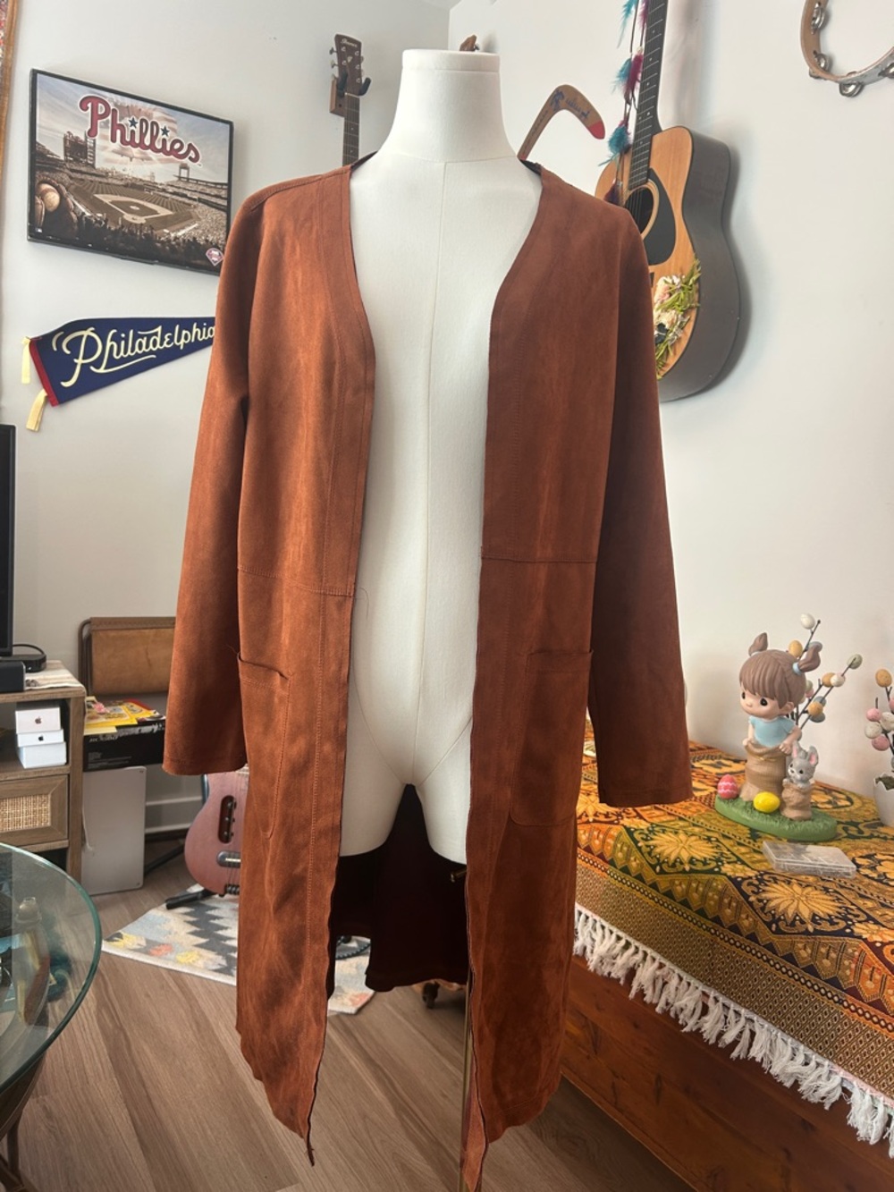 Solitaire Open-Front Suede-Look Long Coat in Rust